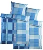 A neatly folded set of bedding with a blue plaid pattern. Produktbild-Vorschau