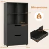 A dark wood bookshelf with dimensions and weight capacity indicated by text overlays. Podgląd zdjęcia produktu