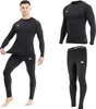 A man is modeling a black long-sleeved thermal shirt and pants. The shirt is shown on the man, and also separately. The pants are shown on the man, and also separately. Náhľad obrázku produktu