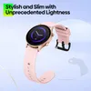 A smartwatch with a pink strap and gold casing is displayed against a light blue and white background with circular reflections. Podgląd zdjęcia produktu
