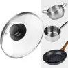 A collage of kitchen cookware, including a glass lid, a small saucepan, a larger pot, and a frying pan. Podgląd zdjęcia produktu