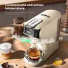 A coffee machine is shown brewing coffee, with various temperature settings displayed. Produktbild-Vorschau