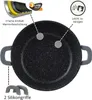 A top-down view of a black speckled pot with gray handles, featuring callouts and text describing its features. Voir les images du produit