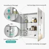 A white bathroom cabinet with mirrored doors, open to reveal shelves with bottles and towels. Close-up insets highlight adjustable shelves and soft-closing hinges. Produktbild-Vorschau