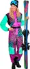 A woman wearing a retro ski suit and holding skis. Produktbild-Vorschau