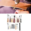 A person is using leathercraft tools to stitch leather. Below is a collection of leathercraft tools. Voir les images du produit
