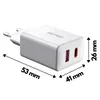 A white USB charger with two ports is shown on a white background, with dimensions indicated by dotted lines and text. Podgląd zdjęcia produktu