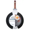 A frying pan with a wood-effect handle, presented on a white background with marketing information. Produktbild-Vorschau