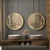 A modern bathroom vanity with two round mirrors, sinks, and faucets. Produktbild-Vorschau