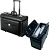 A black leather pilot case with a telescopic handle and wheels, shown both closed and open to display its interior. Produktbild-Vorschau