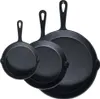 Three cast iron frying pans of different sizes are arranged diagonally on a white background. Produktbild-Vorschau