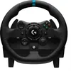 A close-up studio shot of a black gaming steering wheel and pedals. Produktbild-Vorschau