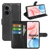 A collage of images showing a black flip cover wallet case for a Honor 400 phone, with cards and cash inserted. Produktbild-Vorschau