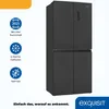 A black refrigerator with informational icons and text on the left side, and the brand logo on the bottom right. Produktbild-Vorschau