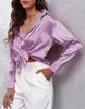 ASKSA Damen Satin Bluse V-Ausschnitt Hemde Elegant Knoepfen Produktbild-Vorschau 4