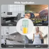Collage of four scenes showing the portable blender in different settings: office, outdoors, home kitchen, and a woman running. Produktbild-Vorschau