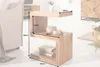 A wooden side table with dimensions displayed is shown in a room setting. Produktbild-Vorschau
