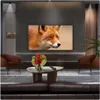 A modern living room with a large TV displaying a fox image, two accent chairs, a coffee table with flowers, and a leather sofa. Produktbild-Vorschau