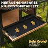 A close-up view of a removable plastic tray in a pet house, with arrows indicating it slides out for cleaning. The text highlights this feature and assures the customer about protection against urine damage. Produktbild-Vorschau