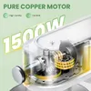 Close-up view of the internal motor and gears of a kitchen appliance, with marketing text overlay. Produktbild-Vorschau