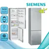 A collage image showing a Siemens refrigerator. One image shows the refrigerator with its door open, revealing the interior compartments. Another image shows the closed refrigerator. Informational icons and the Siemens logo are also present. Náhled obrázku produktu