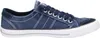 A side view of a blue canvas sneaker with white stitching and a white sole. Voir les images du produit