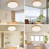 A collage of four images showing a LED ceiling light installed in different rooms: a bedroom, a balcony, a bathroom, and a kitchen. Produktbild-Vorschau
