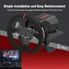 A gaming steering wheel and its mounting clamp are shown, with text indicating installation specifications. Produktbild-Vorschau