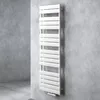 A white radiator is mounted on a textured gray wall. Produktbild-Vorschau