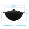 A diagram showing the dimensions of a black pot with a lid, along with text indicating its capacity for people. Podgląd zdjęcia produktu
