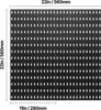 A black pegboard organizer with white dots indicating holes, with dimensions shown in inches and millimeters. Produktbild-Vorschau