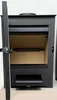 A front view of an open black wood-burning stove. Náhled obrázku produktu