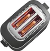 A close-up, overhead view of a two-slice toaster with two pieces of bread toasting inside. Produktbild-Vorschau