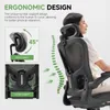 A woman is sitting in an ergonomic office chair, with diagrams highlighting the head and lumbar support features. Náhled obrázku produktu