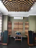 A room set up as a home theater or listening room, with acoustic panels on the walls and ceiling, speakers, and audio equipment. Produktbild-Vorschau