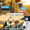 A collage of images showcasing a security camera with a solar panel, its use in different settings, and a mobile app interface. Produktbild-Vorschau