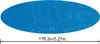 A blue oval solar cover for a pool, with a measurement line indicating its diameter. Produktbild-Vorschau