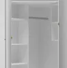Interior view of a white corner wardrobe with shelves and a hanging rail. Produktbild-Vorschau