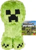A plush toy of a Minecraft Creeper character is shown against a white background, with a small informational card next to it. Produktbild-Vorschau