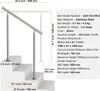 A stainless steel handrail installed on a set of stairs, with a diagram showing dimensions and product specifications. Náhľad obrázku produktu