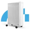 A white oil radiator with wheels is shown against a white background with abstract blue shapes. Produktbild-Vorschau