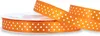 Einseitig glänzendes, weiß gepunktetes oranges Satinband auf Rolle. Perfekt für Bastelprojekte und Geschenkverpackungen Produktbild-Vorschau
