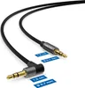 A close-up shot of a black audio cable with gold-plated connectors, showing both a straight and a 90-degree angled plug. Dimensions are indicated with blue labels. Produktbild-Vorschau