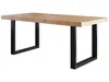 A wooden dining table with black metal legs, shown against a white background. Produktbild-Vorschau