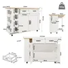 Multiple views and dimensions of a white kitchen island with a wooden countertop. Podgląd zdjęcia produktu