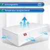 A white mattress is shown in a bright, clean room, with blue arrows indicating airflow and text overlays highlighting features. Produktbild-Vorschau