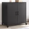 A dark gray metal cabinet with two doors and wheels sits on a light wooden floor against a white wall. Anteprima dell’immagine prodotto