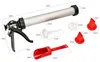 A set of tools for applying mortar or sealant, including a caulking gun, nozzles, and a scoop, laid out on a white background with measurement lines and dimensions indicated. Produktbild-Vorschau