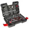 A black plastic toolbox containing a set of tools, including sockets, ratchets, and hex keys. Produktbild-Vorschau