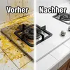 A split image showing a dirty stove and tiles on the left, and a clean stove and tiles on the right. The text 'Vorher' (Before) is on the left and 'Nachher' (After) is on the right. Produktbild-Vorschau